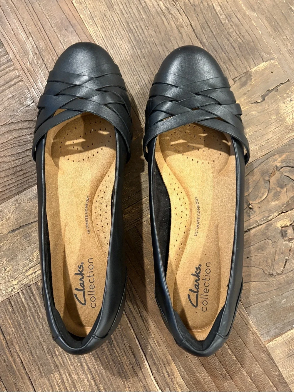 Clarks Collection Sara Clover Black Leather Woven Ballet Flats Size 7.5